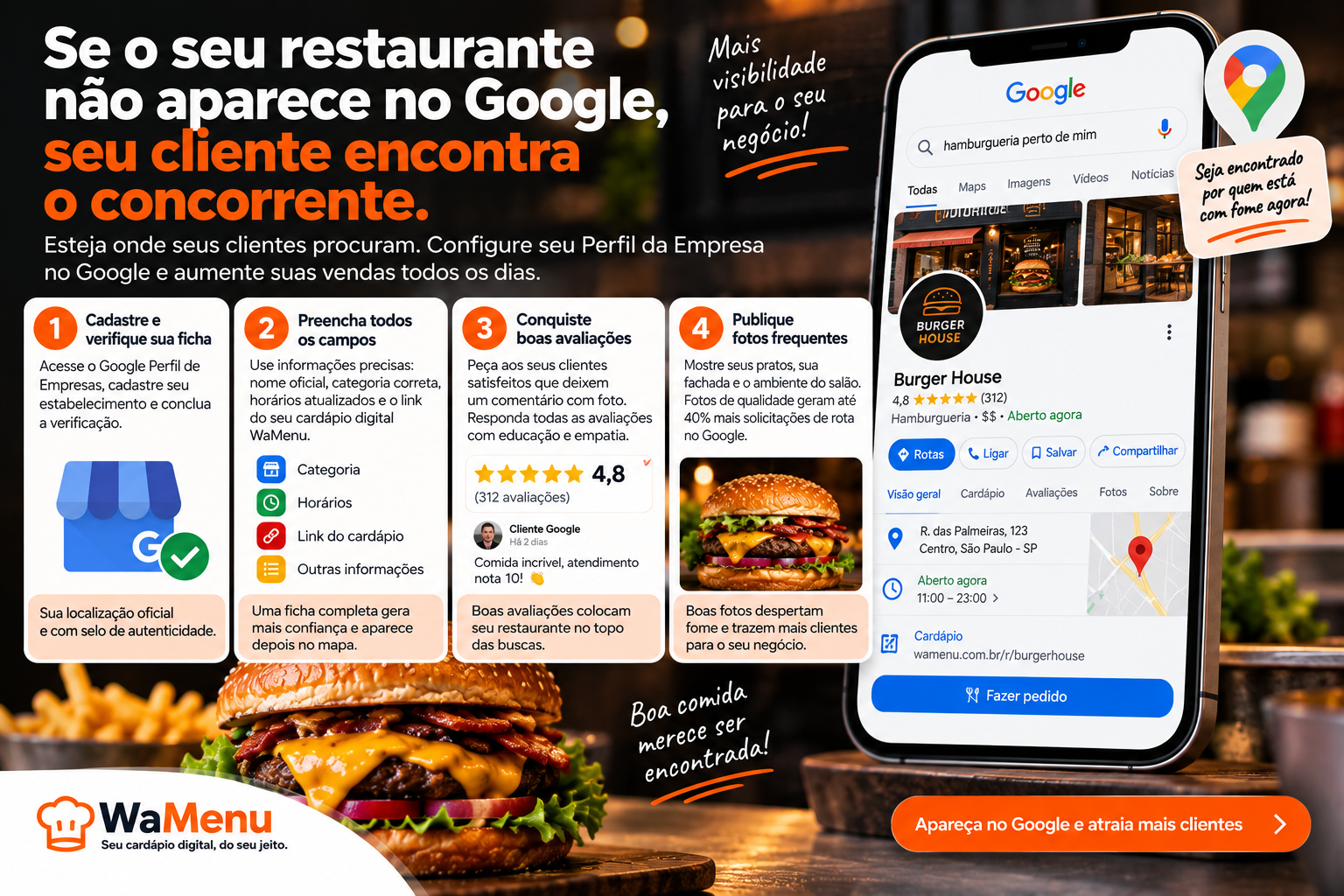 Tela de celular exibindo perfil verificado de restaurante no aplicativo Google Maps com fotos e notas de estrelas.