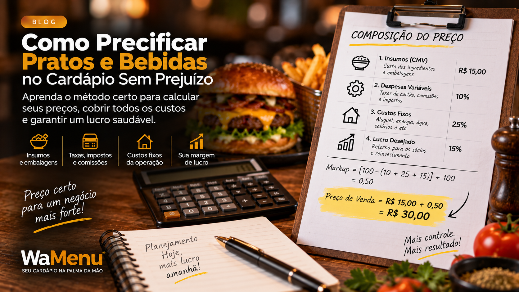 Planilha de custos aberta em notebook com cardápio impresso e caneta para conferência de preços.