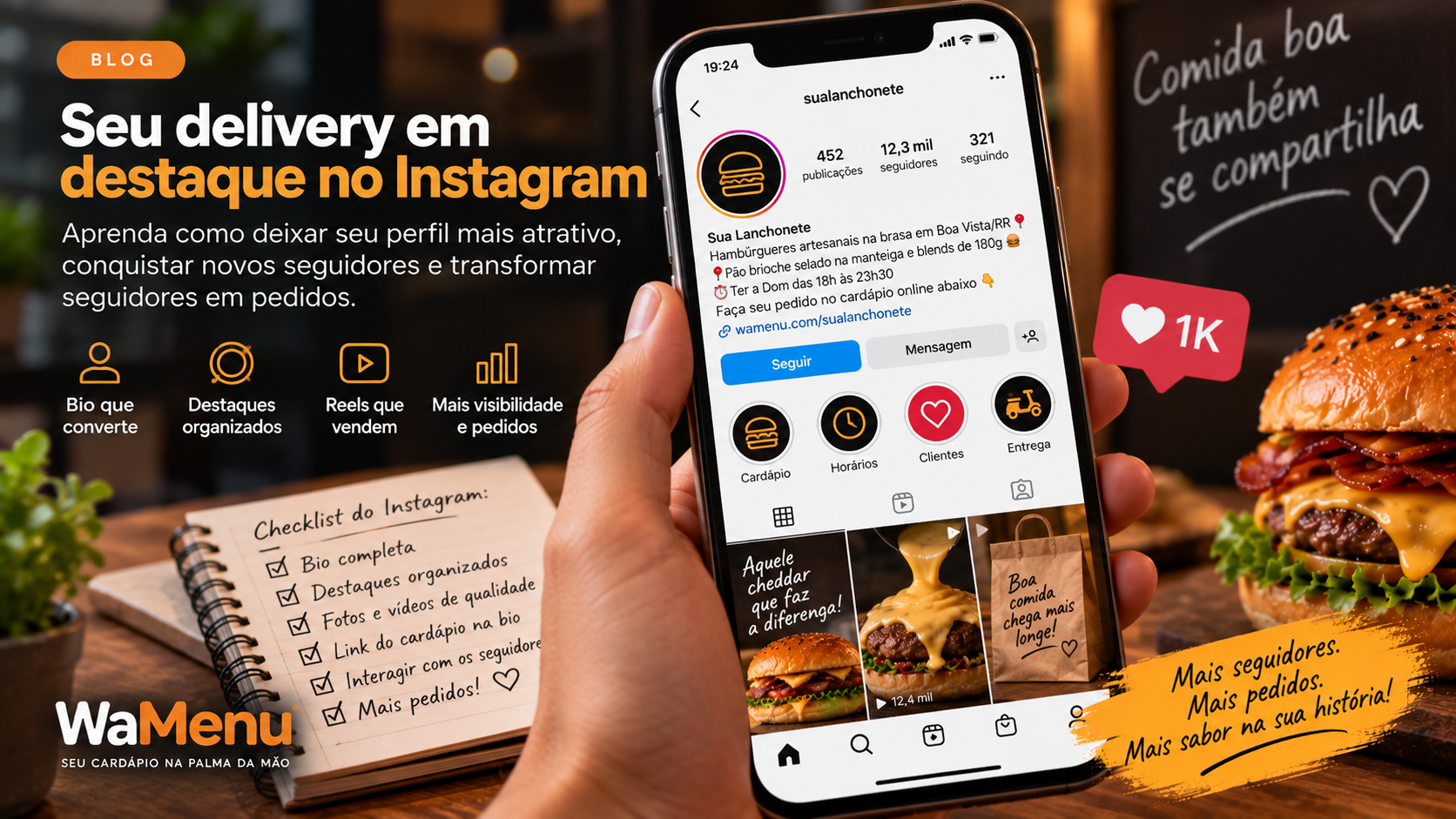 Perfil de lanchonete artesanal aberto no aplicativo Instagram em smartphone com link de cardápio na bio.