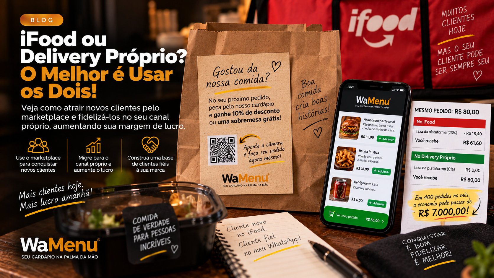 Dois celulares lado a lado mostrando aplicativo de marketplace de comida e cardápio próprio interativo.